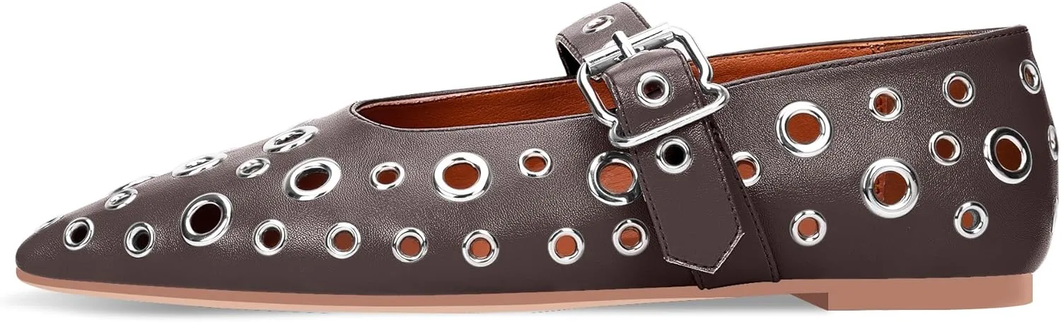 100FIXEO Women's Ballet Flats Metal Eyelet Perforated Studded Buckle Strap Pointed Toe Shoes