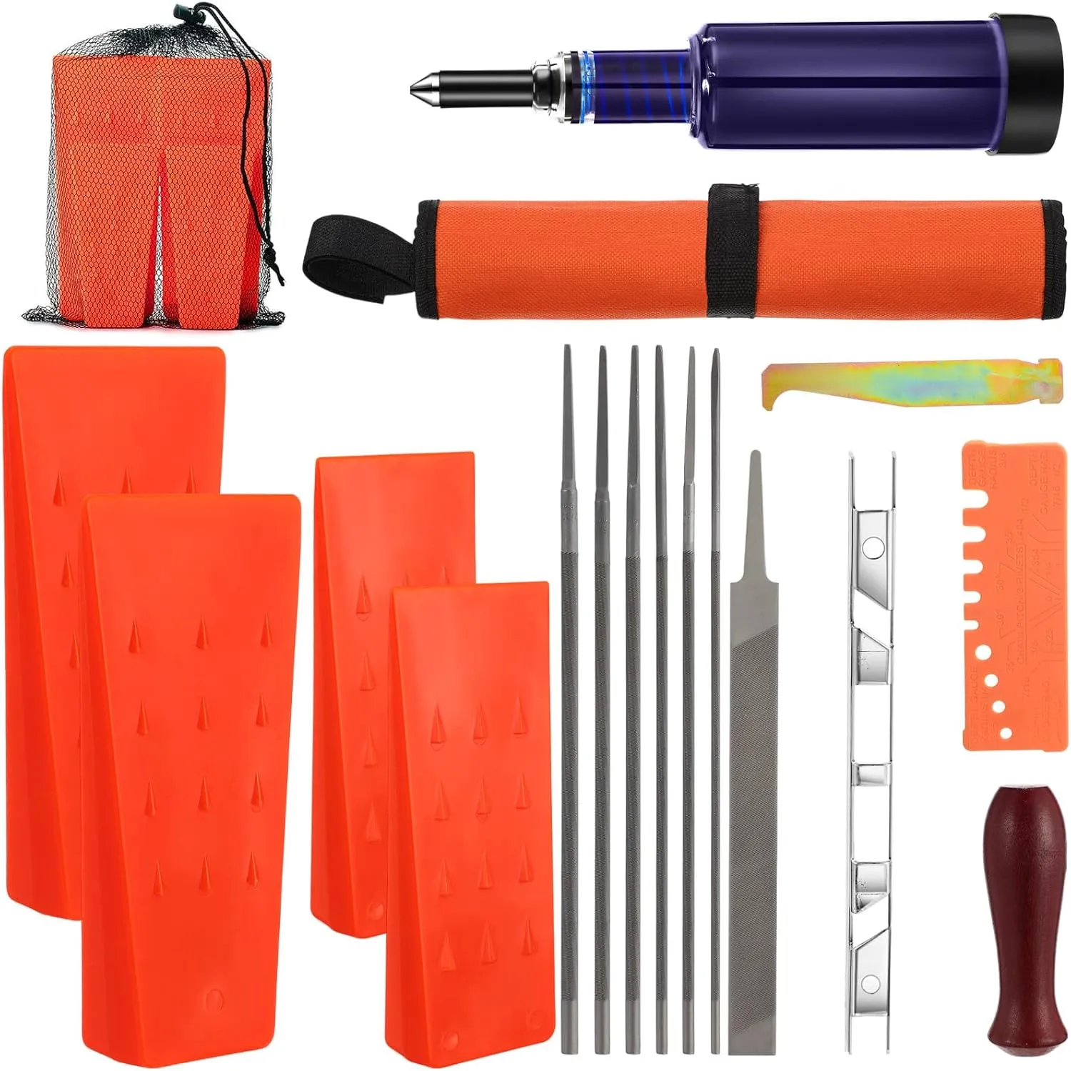 17 Pcs Chainsaw Chain Sharpening Kit Plastic Tree Felling Wedges with Spikes with Storage Bag, Chainsaw Grease Gun, 6 Sizes Round Chainsaw File for Wood, Tree Pruning, Loggers Fallers