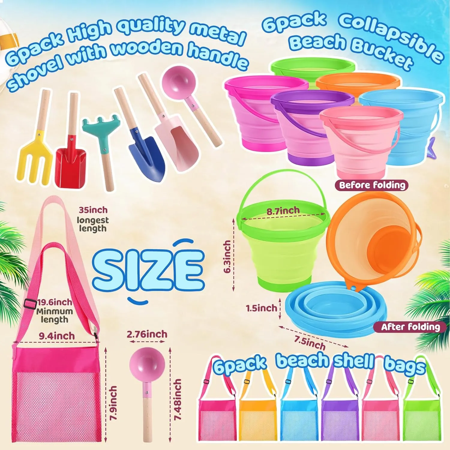 18 Pcs Collapsible Beach Toys Collapsible Sand Bucket Seashell Bags Beach Tools Metal Garden Tools Cylinder Spoon Fork Rake Flat and Pointed Shovel(6 Colors,Bright)