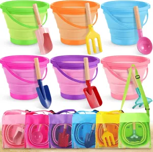 18 Pcs Collapsible Beach Toys Collapsible Sand Bucket Seashell Bags Beach Tools Metal Garden Tools Cylinder Spoon Fork Rake Flat and Pointed Shovel(6 Colors,Bright)