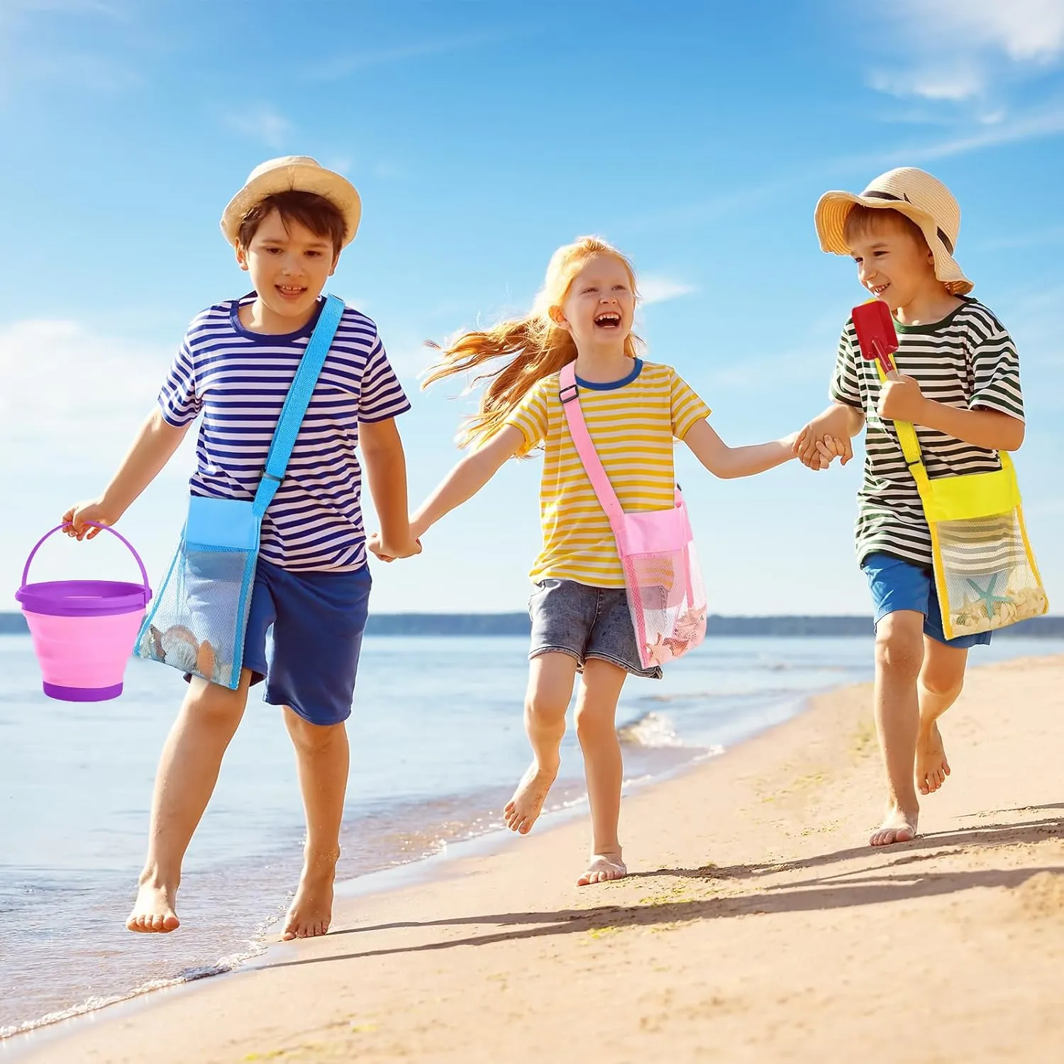 18 Pcs Collapsible Beach Toys Collapsible Sand Bucket Seashell Bags Beach Tools Metal Garden Tools Cylinder Spoon Fork Rake Flat and Pointed Shovel(6 Colors,Bright)