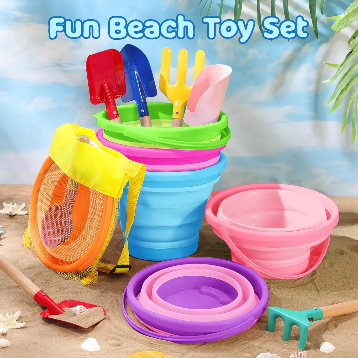 18 Pcs Collapsible Beach Toys Collapsible Sand Bucket Seashell Bags Beach Tools Metal Garden Tools Cylinder Spoon Fork Rake Flat and Pointed Shovel(6 Colors,Bright)