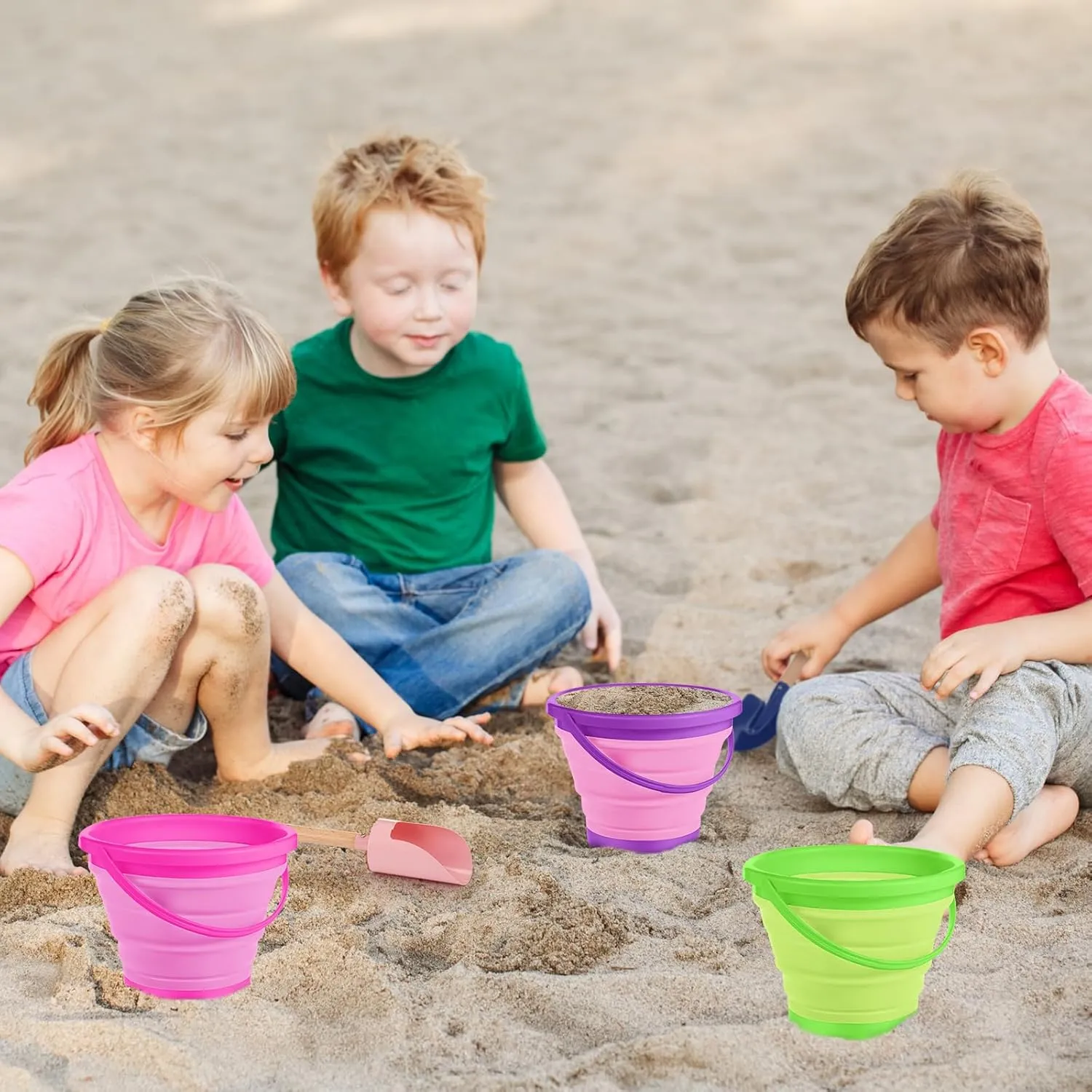18 Pcs Collapsible Beach Toys Collapsible Sand Bucket Seashell Bags Beach Tools Metal Garden Tools Cylinder Spoon Fork Rake Flat and Pointed Shovel(6 Colors,Bright)