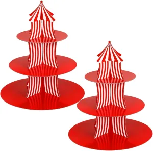 2 Pcs Carnival Cupcake Stand 3 Tier Cardboard Cupcake Holder Red White Striped Circus Cupcake Holders for Dessert Table Displays Carnival Birthday Theme Party Decorations