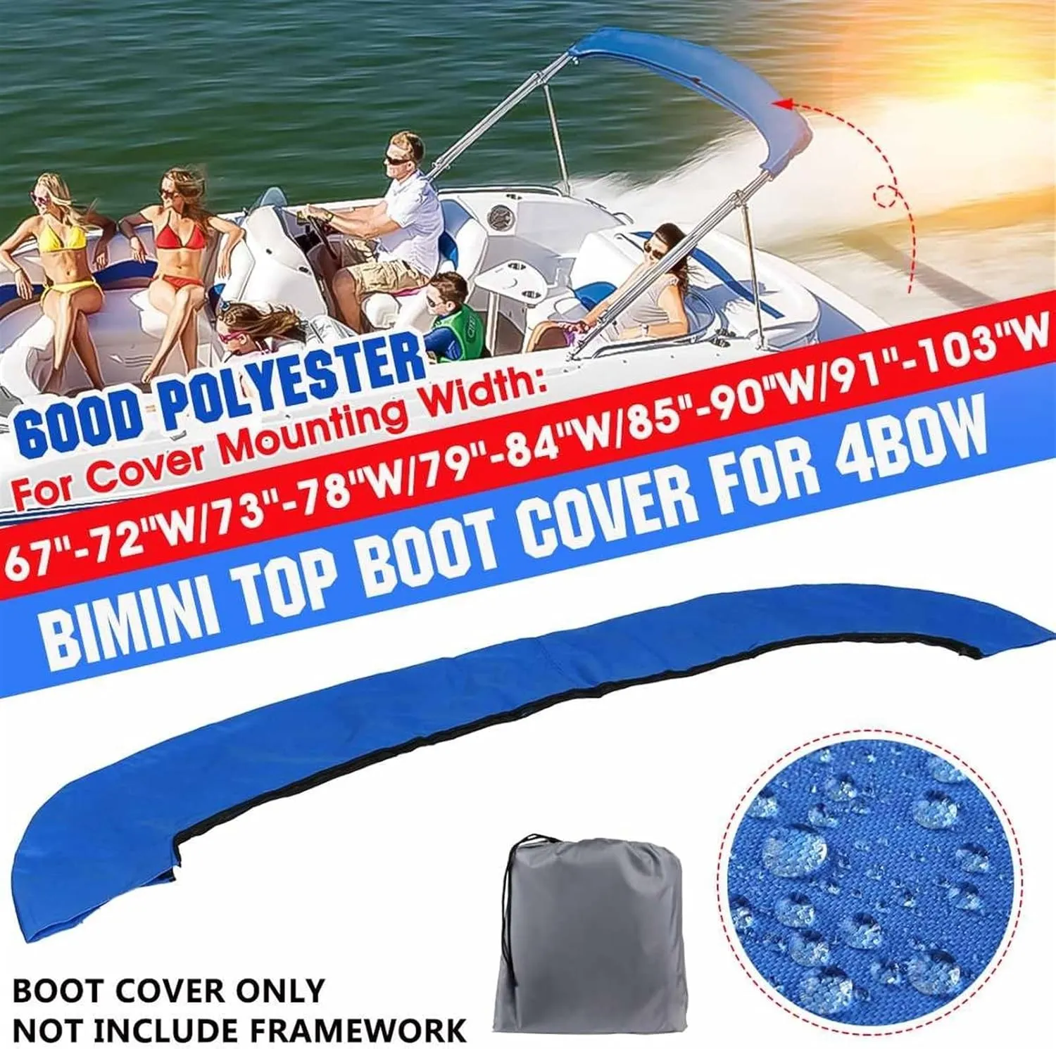 4 Bow Bimini Top Boot Cover 600D Waterproof Anti-UV Bimini Boat Top Canopy Storage Cover Dust-Proof Cover(73-78)