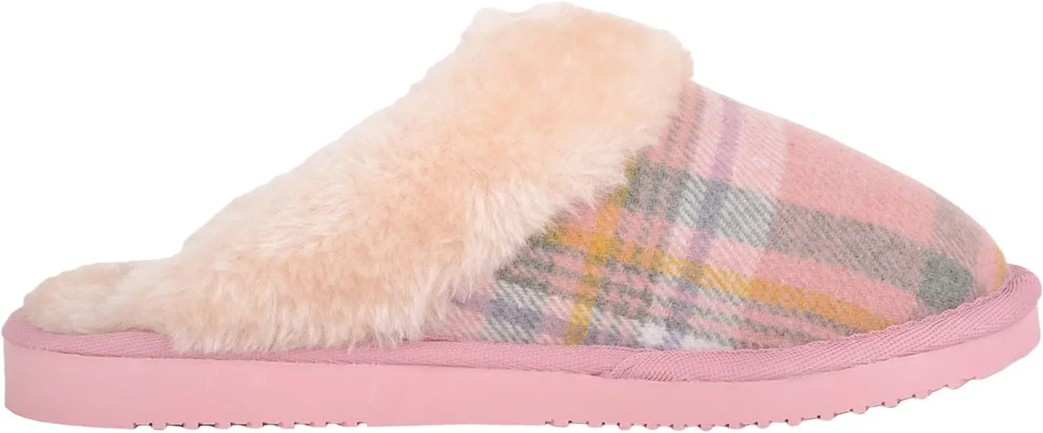 ABSOLUTE FOOTWEAR Womens Slip On Open Back Traditional Tartan Checked Faux Fur Winter Mule Slippers
