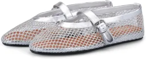 Adrizzlein Mesh Ballet Flats for Women Fishnet Ballerina Flats Buckle Strap Mesh Ballet Shoes Wide Width Casual Summer Dress Flat Shoes