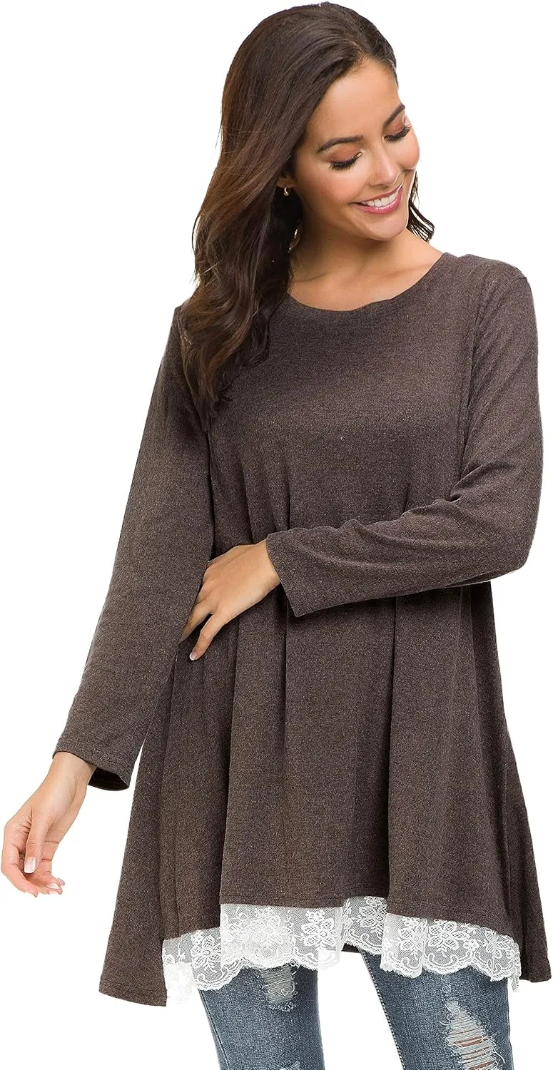 Afibi Women Lace Long Sleeve A-line Swing T-Shirt Loose Tunic Top Blouse