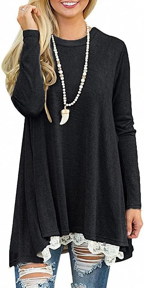 Afibi Women Lace Long Sleeve A-line Swing T-Shirt Loose Tunic Top Blouse