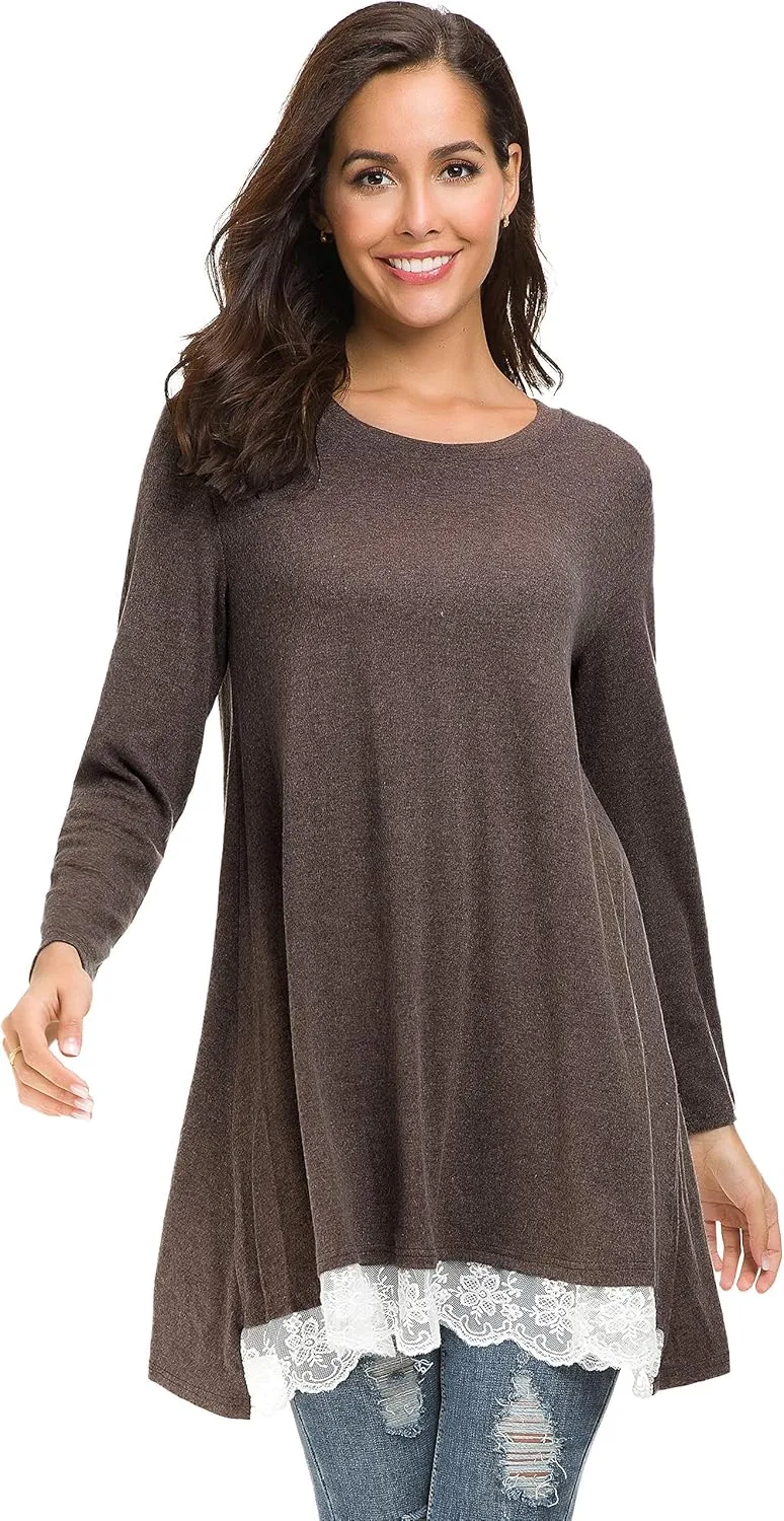 Afibi Women Lace Long Sleeve A-line Swing T-Shirt Loose Tunic Top Blouse