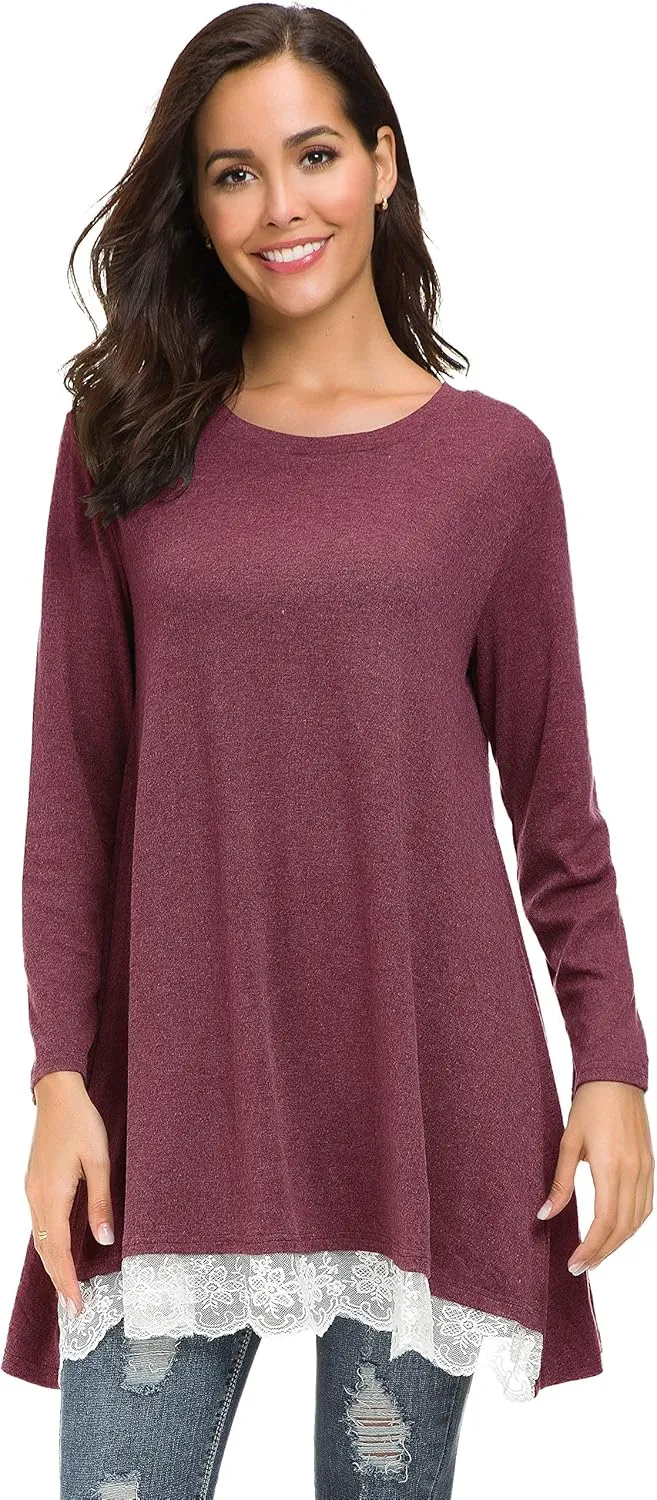 Afibi Women Lace Long Sleeve A-line Swing T-Shirt Loose Tunic Top Blouse