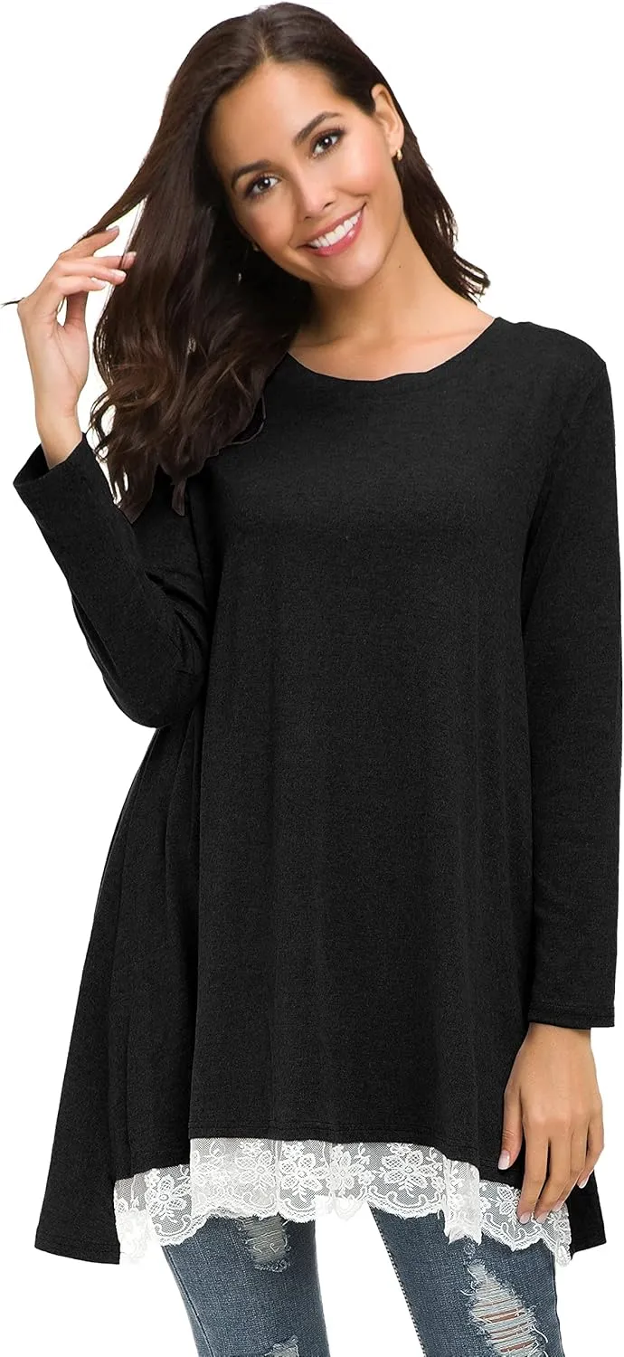 Afibi Women Lace Long Sleeve A-line Swing T-Shirt Loose Tunic Top Blouse