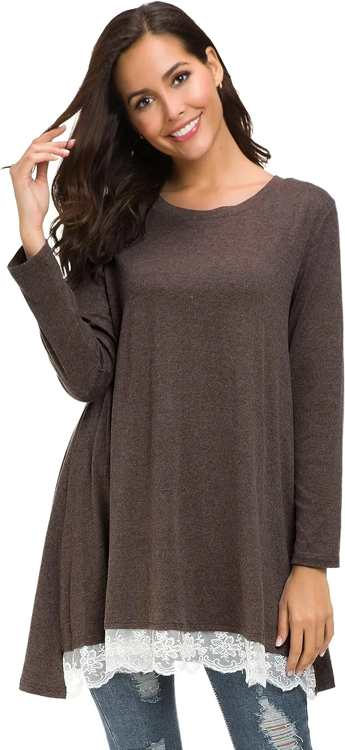 Afibi Women Lace Long Sleeve A-line Swing T-Shirt Loose Tunic Top Blouse