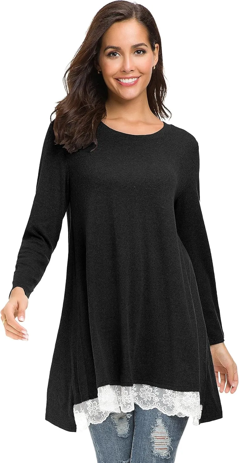 Afibi Women Lace Long Sleeve A-line Swing T-Shirt Loose Tunic Top Blouse
