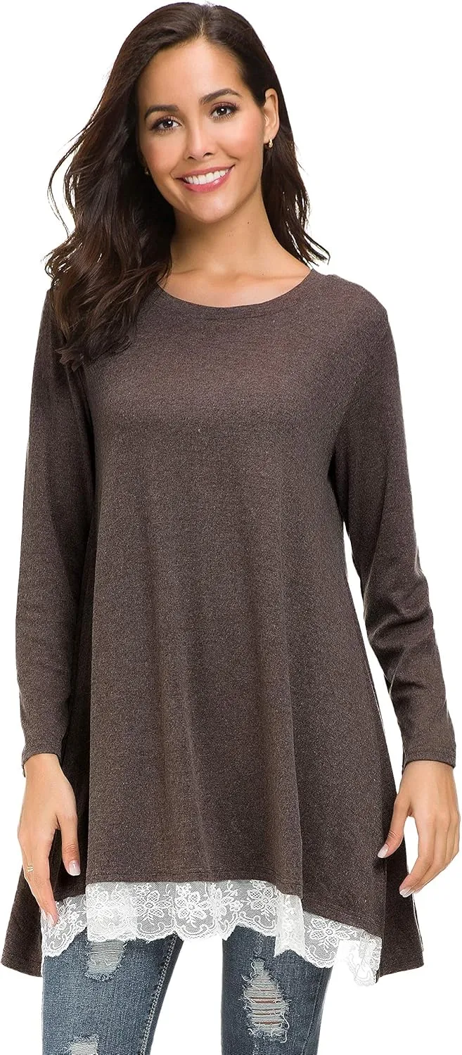 Afibi Women Lace Long Sleeve A-line Swing T-Shirt Loose Tunic Top Blouse