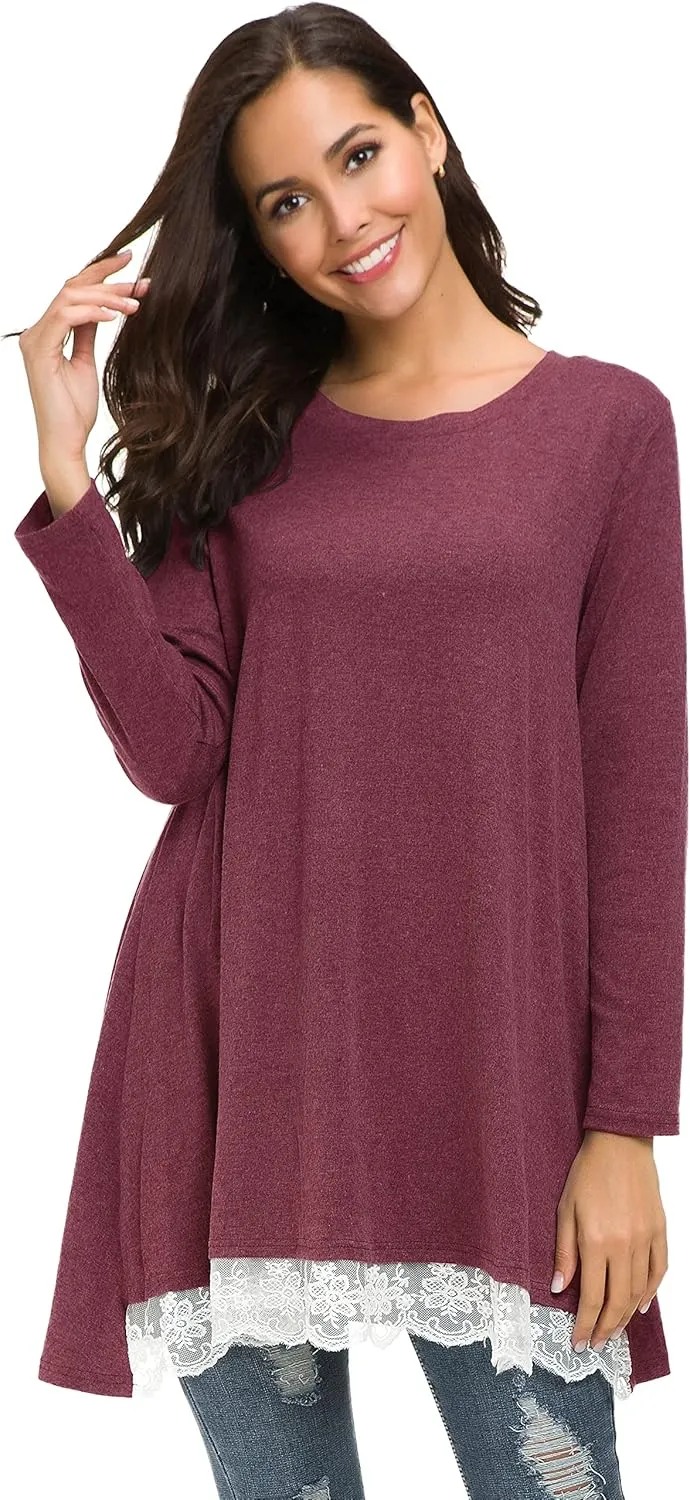 Afibi Women Lace Long Sleeve A-line Swing T-Shirt Loose Tunic Top Blouse
