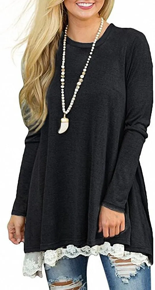 Afibi Women Lace Long Sleeve A-line Swing T-Shirt Loose Tunic Top Blouse