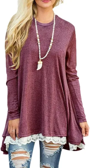 Afibi Women Lace Long Sleeve A-line Swing T-Shirt Loose Tunic Top Blouse