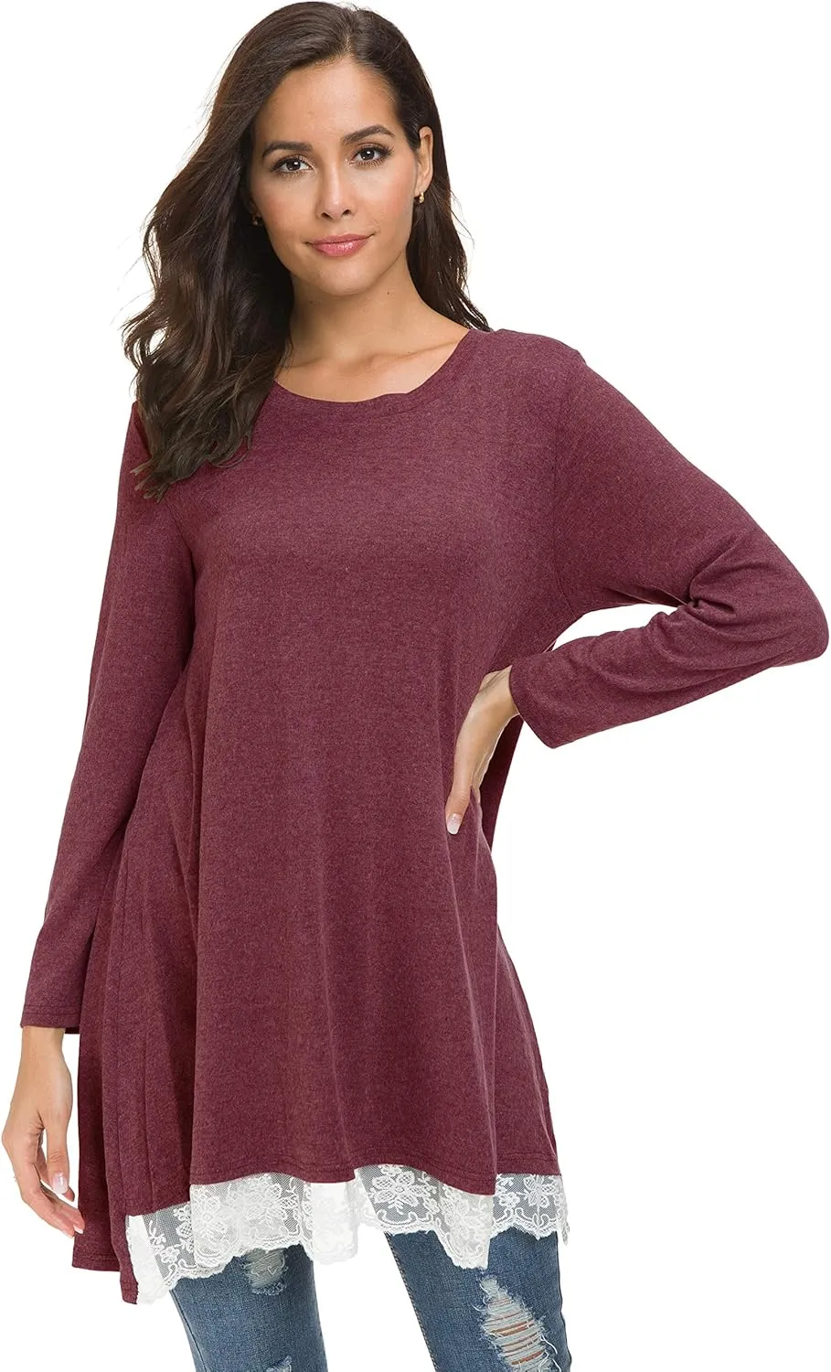Afibi Women Lace Long Sleeve A-line Swing T-Shirt Loose Tunic Top Blouse