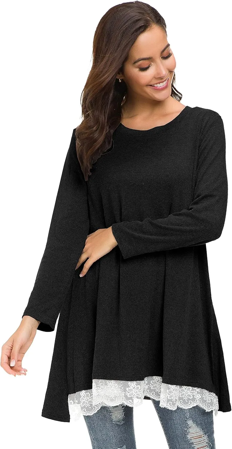 Afibi Women Lace Long Sleeve A-line Swing T-Shirt Loose Tunic Top Blouse