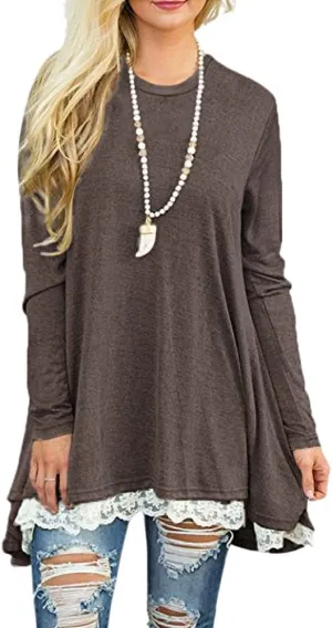Afibi Women Lace Long Sleeve A-line Swing T-Shirt Loose Tunic Top Blouse
