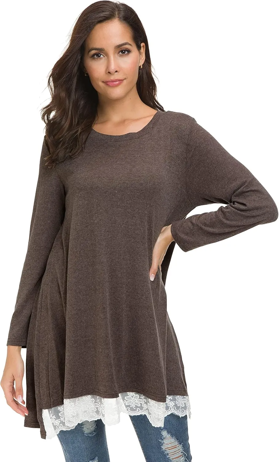 Afibi Women Lace Long Sleeve A-line Swing T-Shirt Loose Tunic Top Blouse