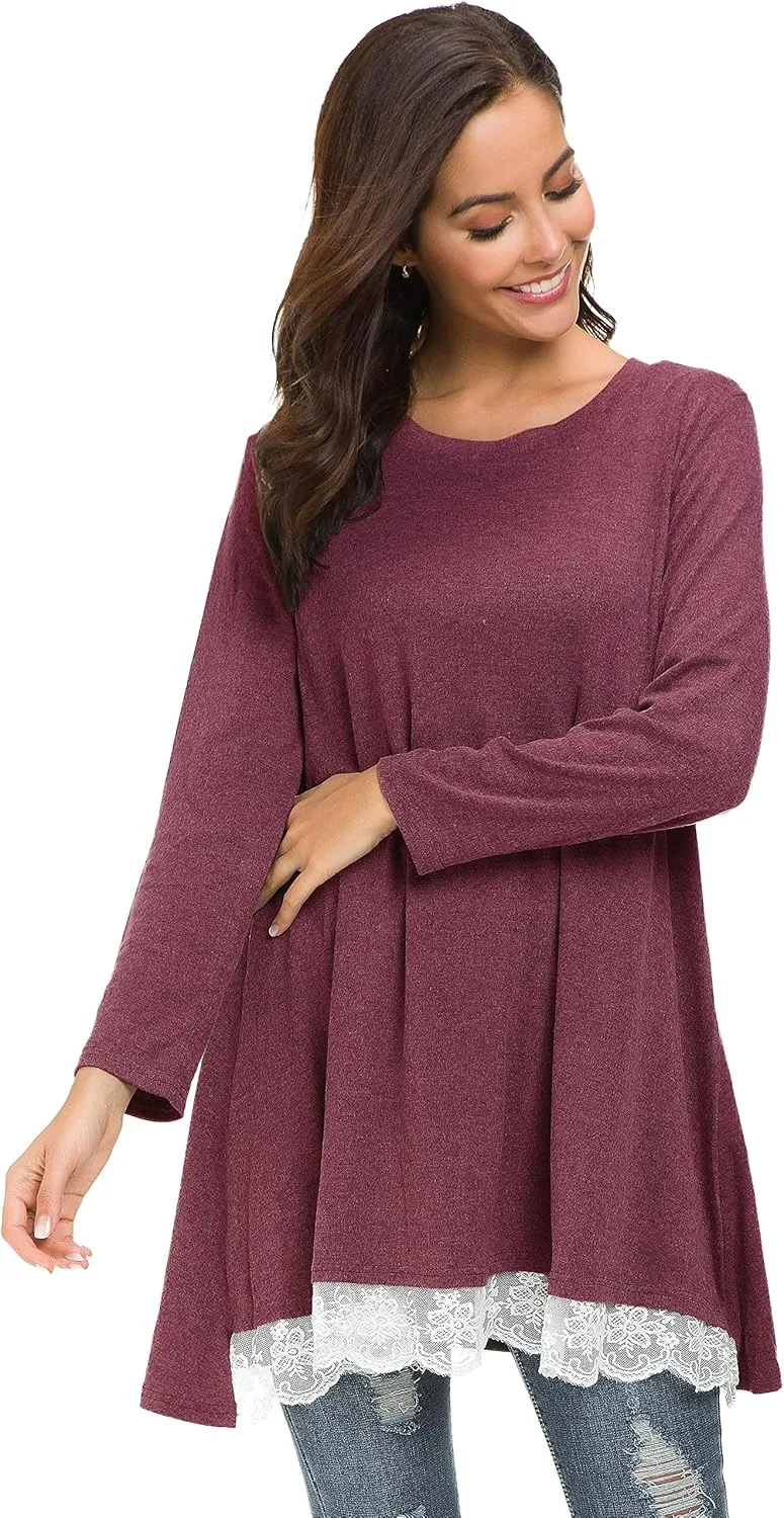 Afibi Women Lace Long Sleeve A-line Swing T-Shirt Loose Tunic Top Blouse