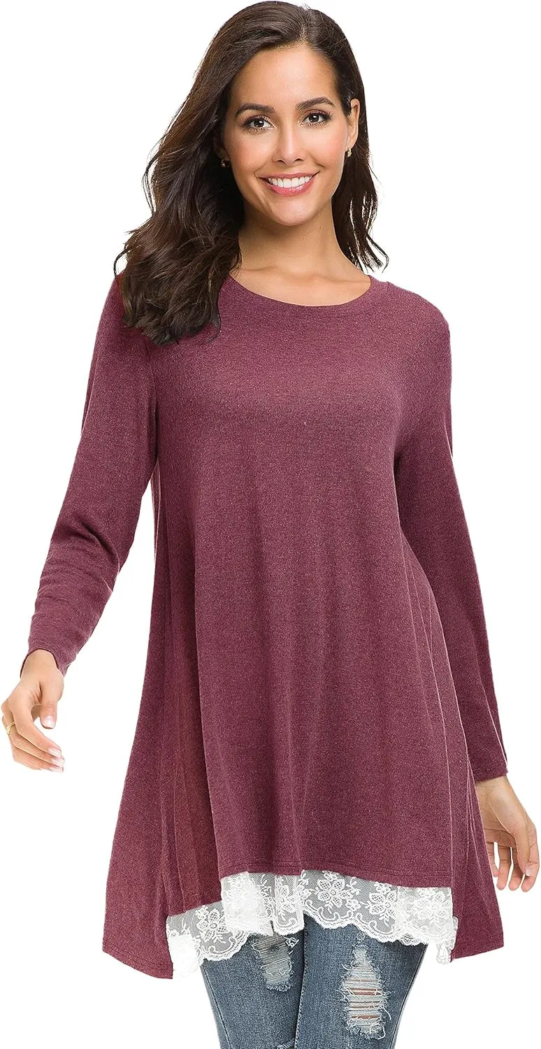 Afibi Women Lace Long Sleeve A-line Swing T-Shirt Loose Tunic Top Blouse