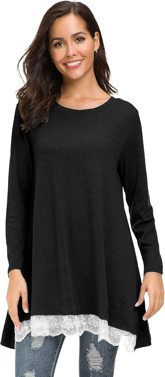 Afibi Women Lace Long Sleeve A-line Swing T-Shirt Loose Tunic Top Blouse