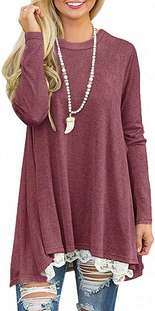 Afibi Women Lace Long Sleeve A-line Swing T-Shirt Loose Tunic Top Blouse