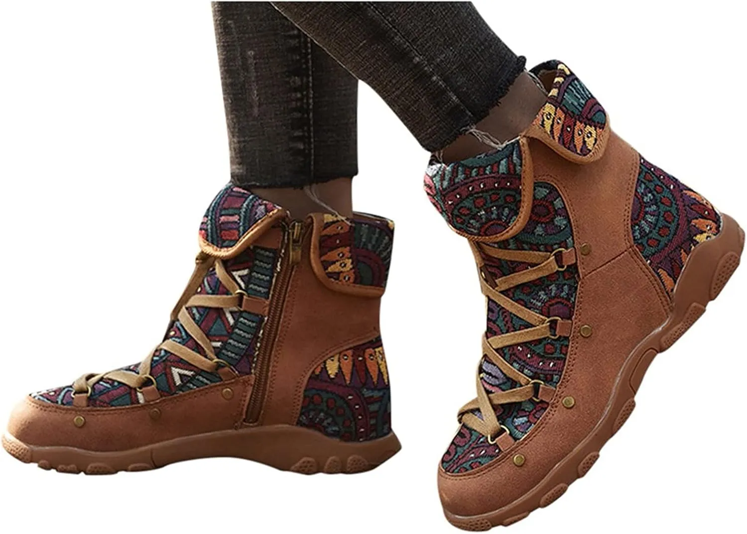 AMDBEL Booties for Women Dressy 2024 Ankle Boots Low Heel Lace Up Short Boots Bohemian Winter Vintage Booties Shoes
