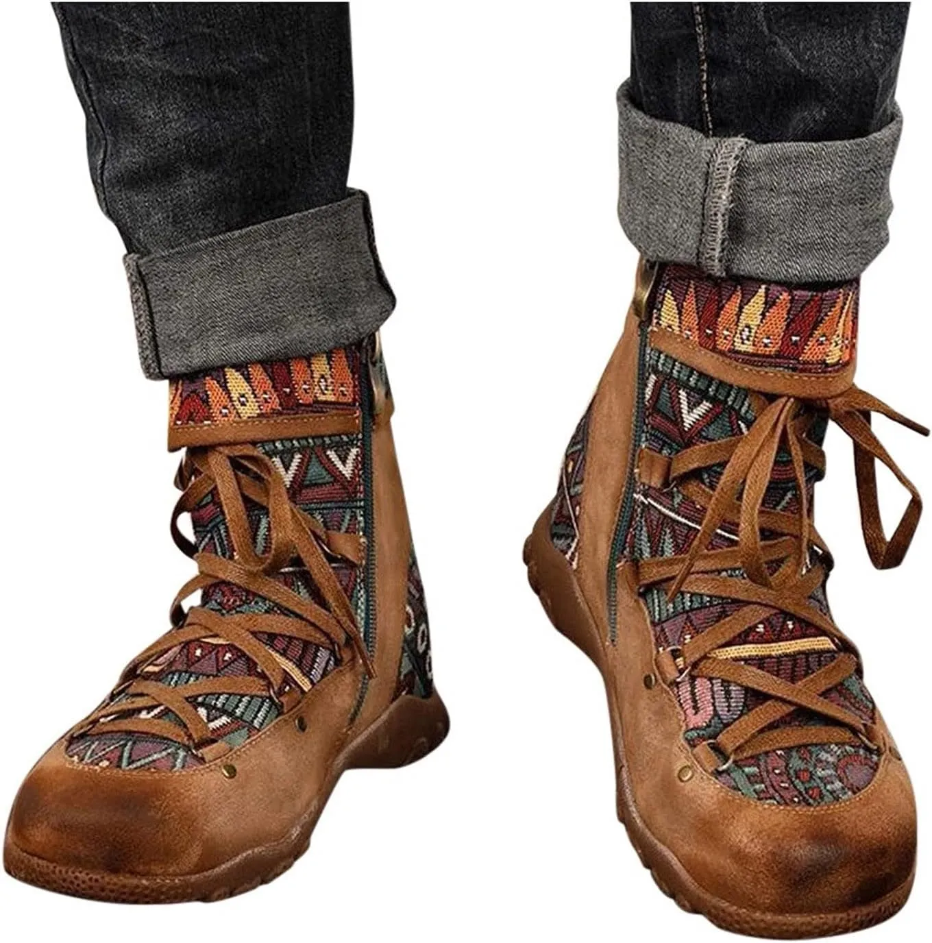 AMDBEL Booties for Women Dressy 2024 Ankle Boots Low Heel Lace Up Short Boots Bohemian Winter Vintage Booties Shoes