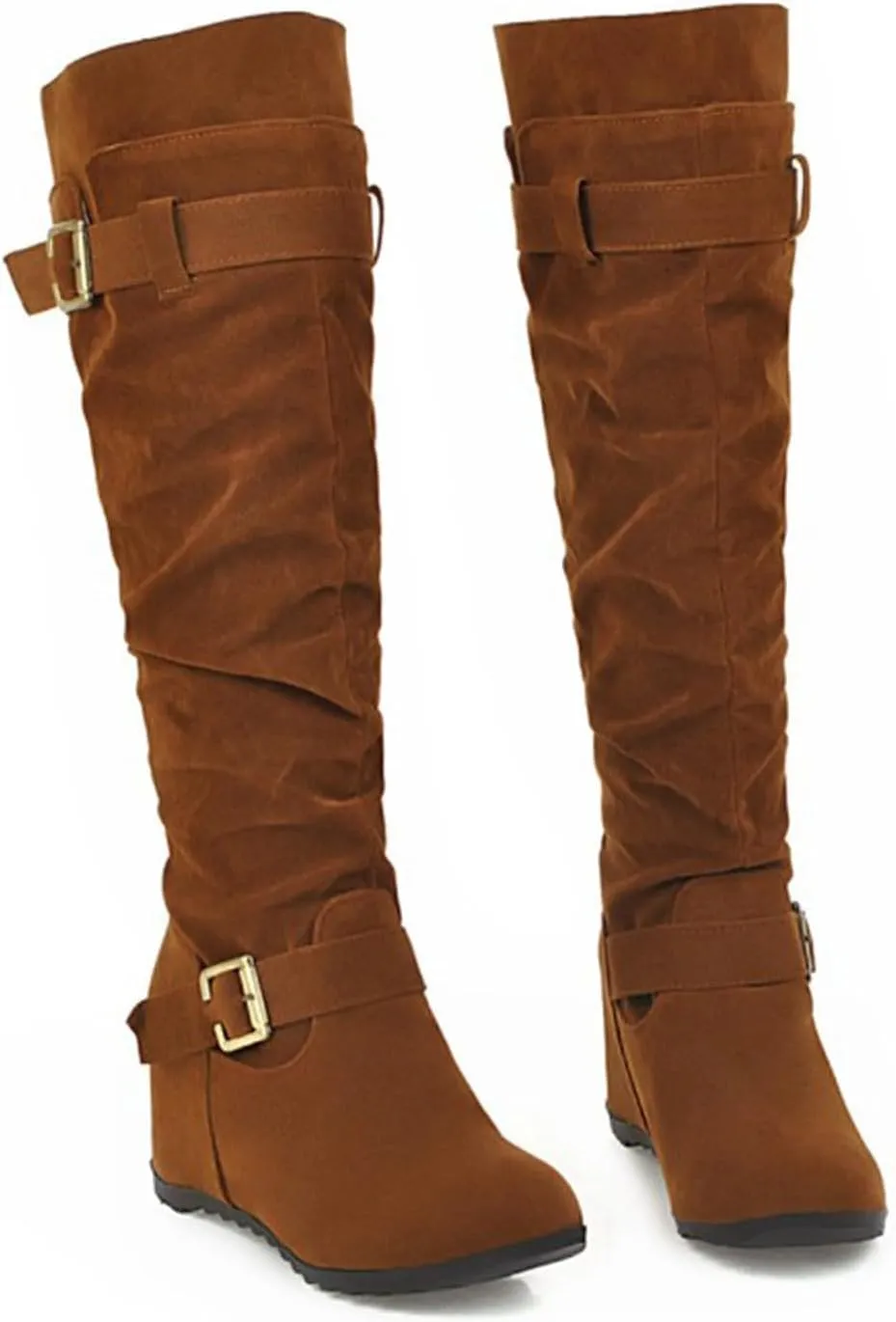 AMDBEL Boots for Women Knee High Wide Calf Boots Chunky Heel Boots Suede Pointed Toe Slip On Wedge Boots Fall Winter Shoes