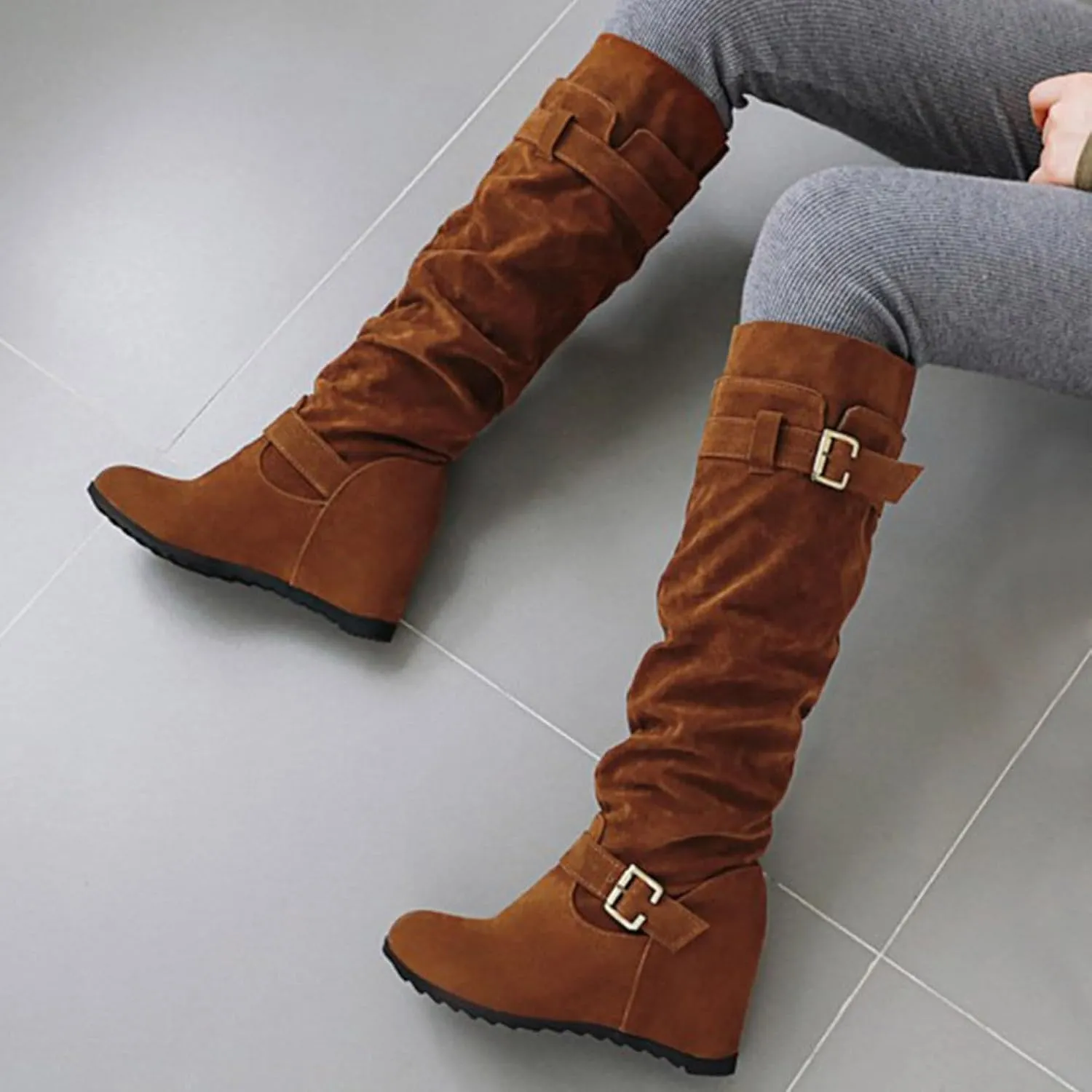 AMDBEL Boots for Women Knee High Wide Calf Boots Chunky Heel Boots Suede Pointed Toe Slip On Wedge Boots Fall Winter Shoes