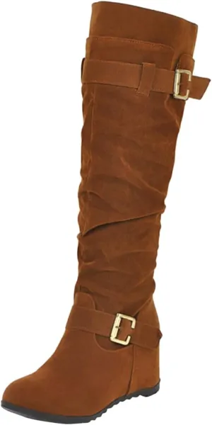 AMDBEL Boots for Women Knee High Wide Calf Boots Chunky Heel Boots Suede Pointed Toe Slip On Wedge Boots Fall Winter Shoes