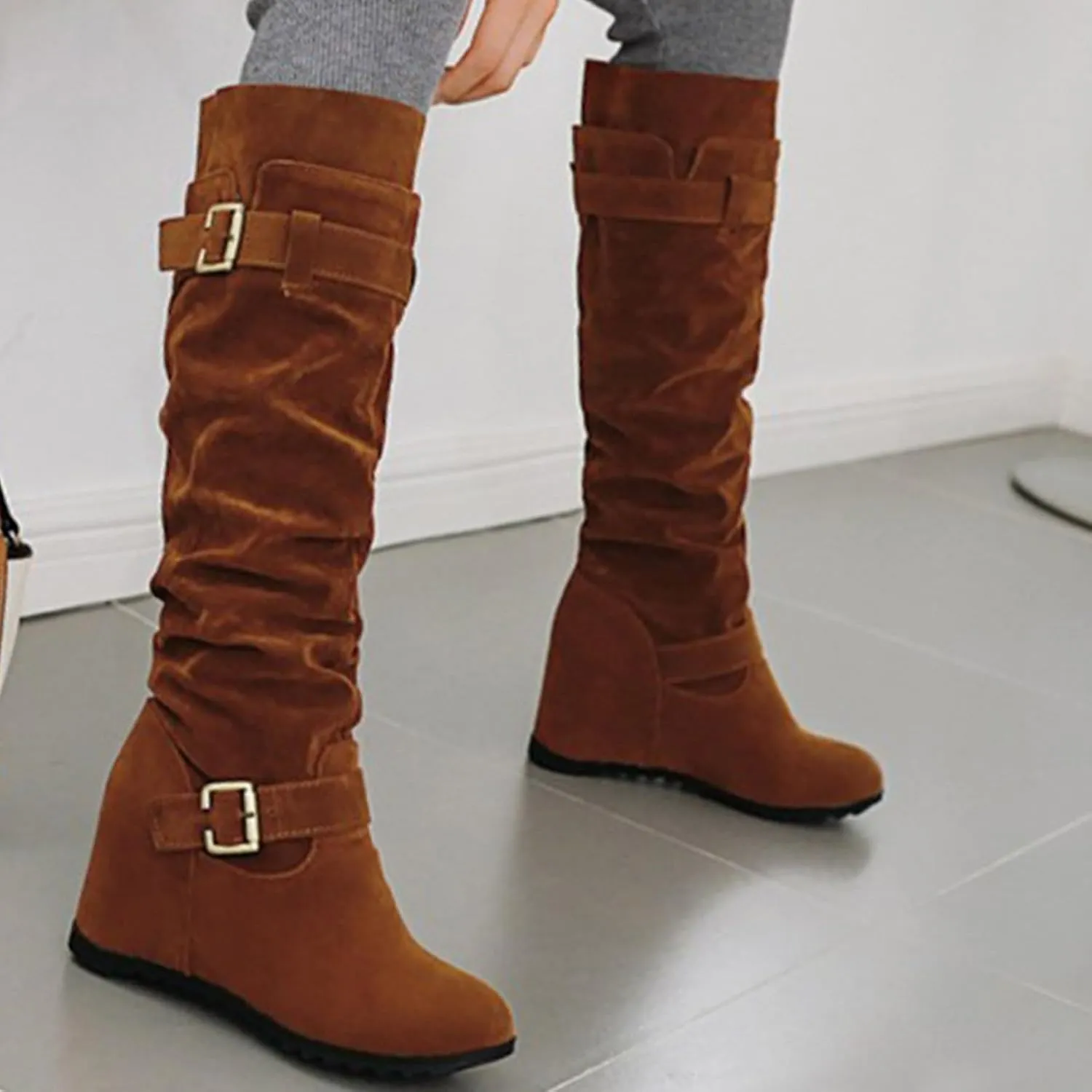 AMDBEL Boots for Women Knee High Wide Calf Boots Chunky Heel Boots Suede Pointed Toe Slip On Wedge Boots Fall Winter Shoes