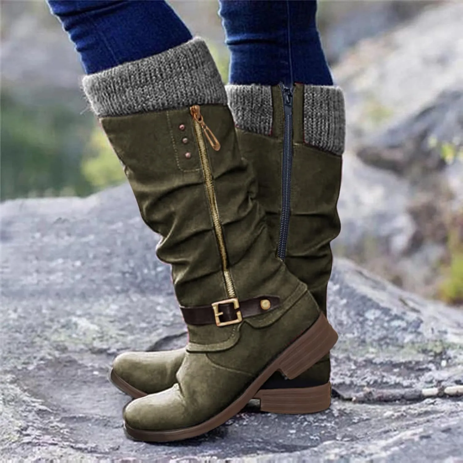 AMDBEL Boots for Women Knee High Wide Calf Boots Low Heel Boots Fashion Comfortable Zipper Long Boots Fall Winter Shoes