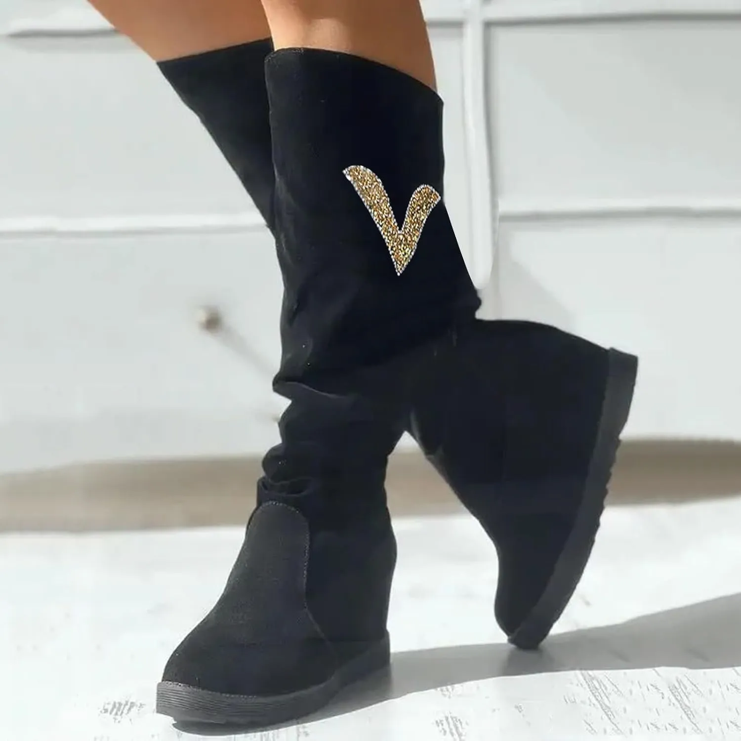 AMDBEL Boots for Women Knee High Wide Calf Boots Sexy Wedge Heel Boots Fashion Slip on Suede Long Boots Fall Winter Shoes