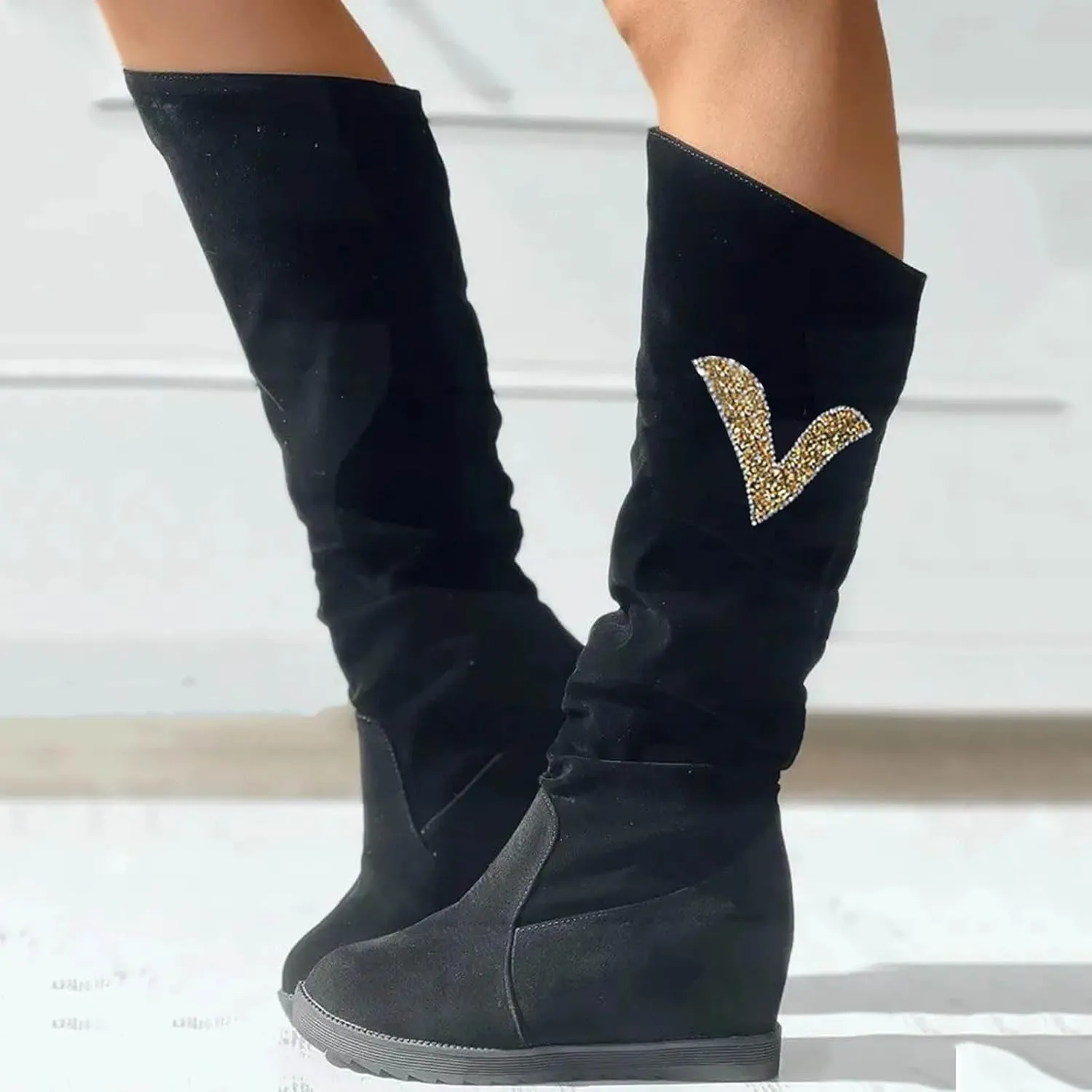 AMDBEL Boots for Women Knee High Wide Calf Boots Sexy Wedge Heel Boots Fashion Slip on Suede Long Boots Fall Winter Shoes
