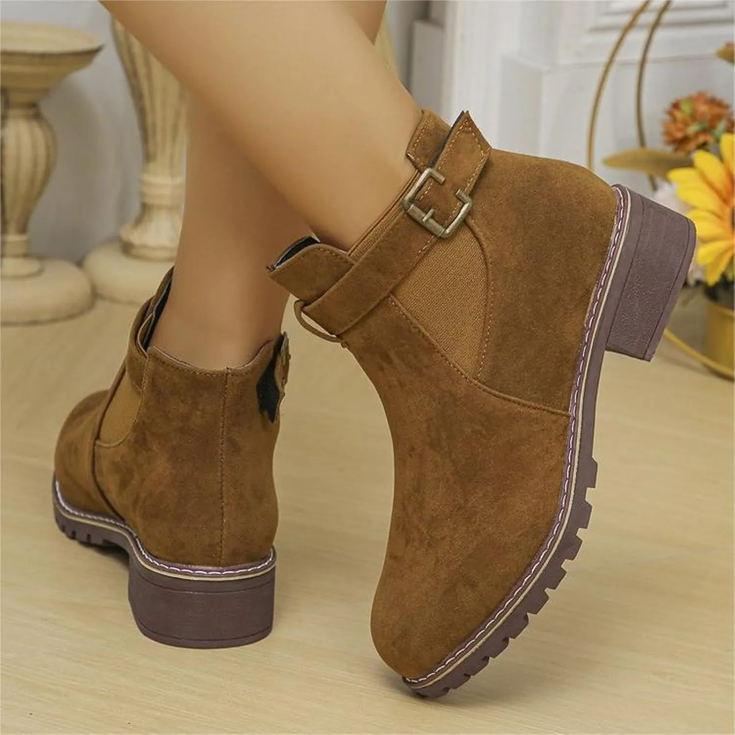 AMDBEL Womens Boots Ankle, Women's Ankle Boots Low Thick Heel Comfortable Round Toe Suede Short Boots Winter Shoes