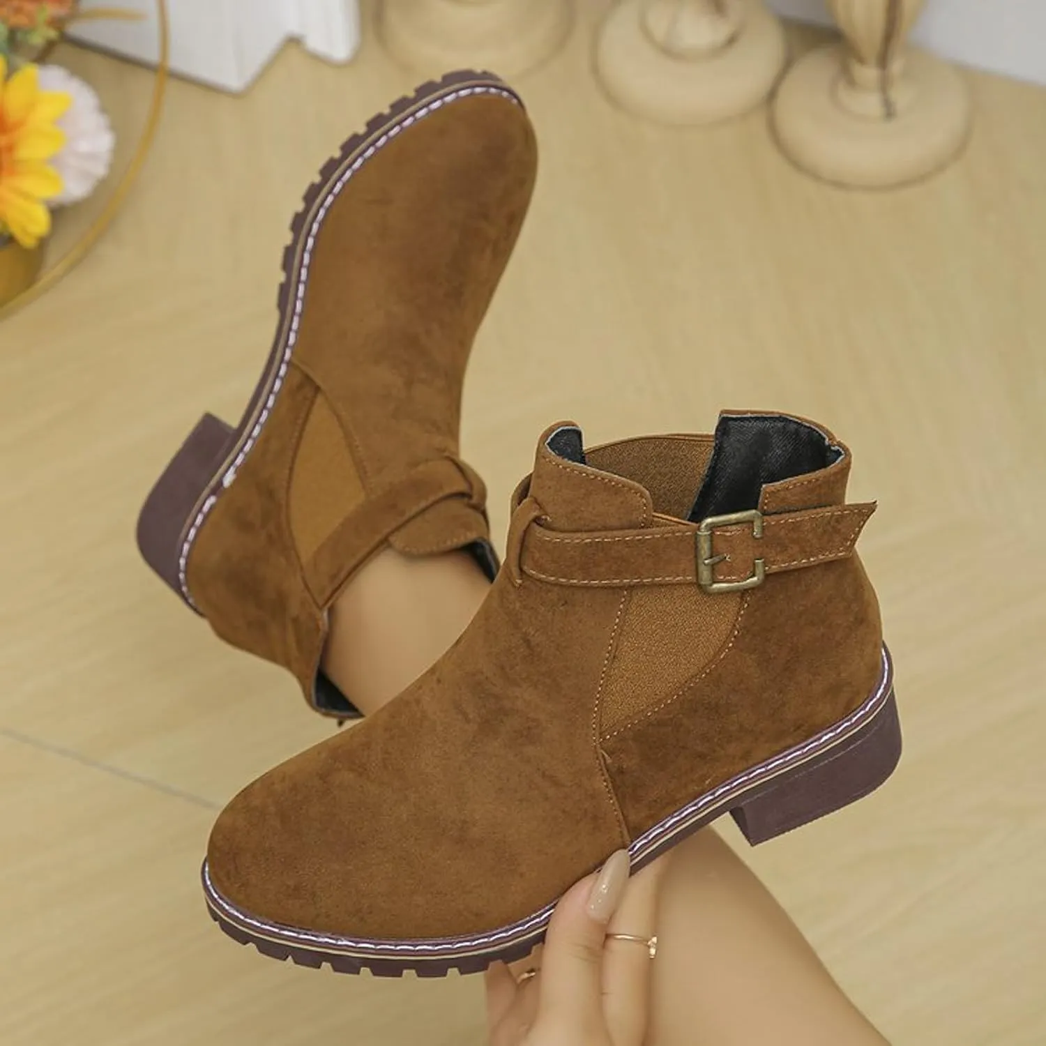 AMDBEL Womens Boots Ankle, Women's Ankle Boots Low Thick Heel Comfortable Round Toe Suede Short Boots Winter Shoes
