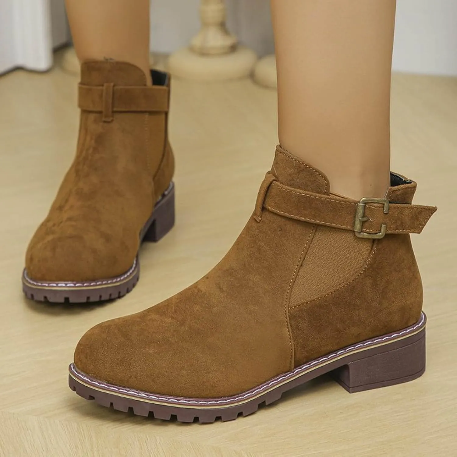 AMDBEL Womens Boots Ankle, Women's Ankle Boots Low Thick Heel Comfortable Round Toe Suede Short Boots Winter Shoes