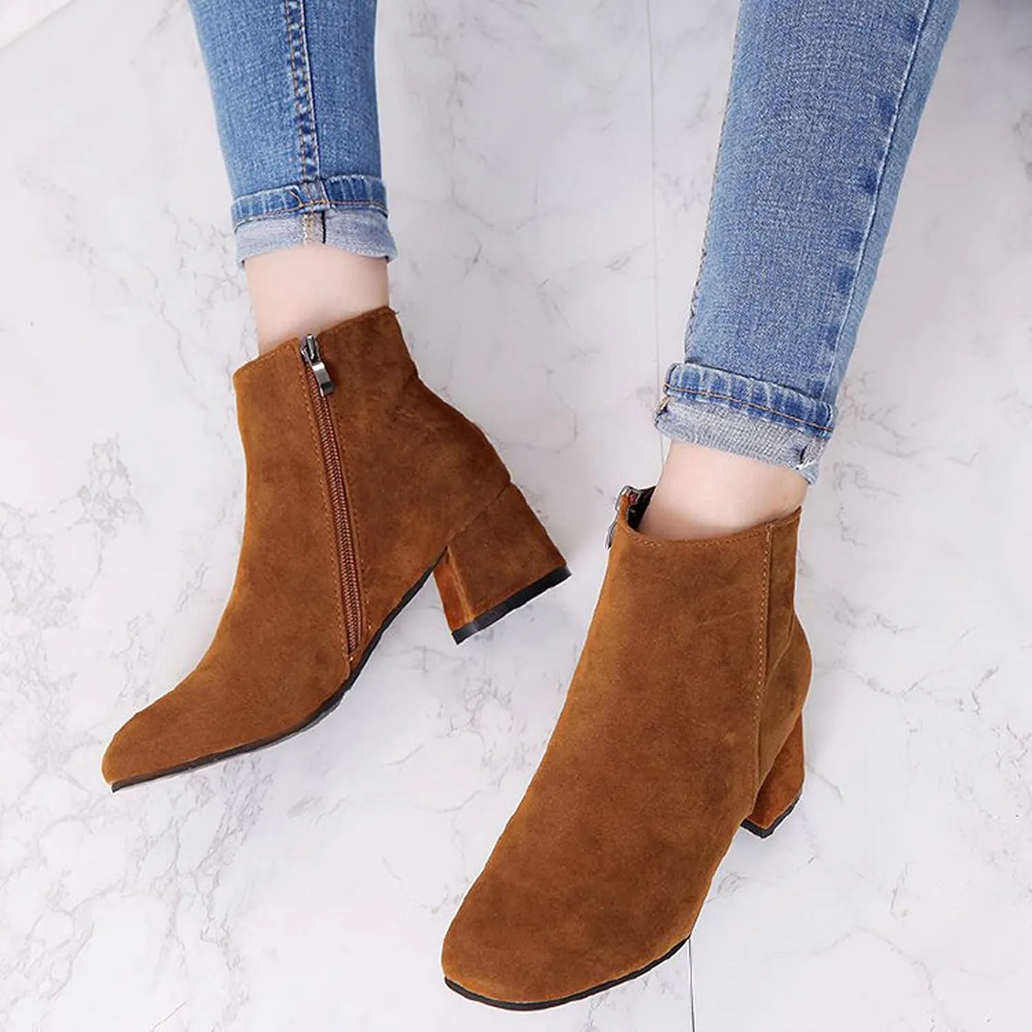 Ankle Boots for Women Comfy Leather Ankle Booties Fashion Stacked Chunky Heel Boots Side Zipper Round Toe Booties