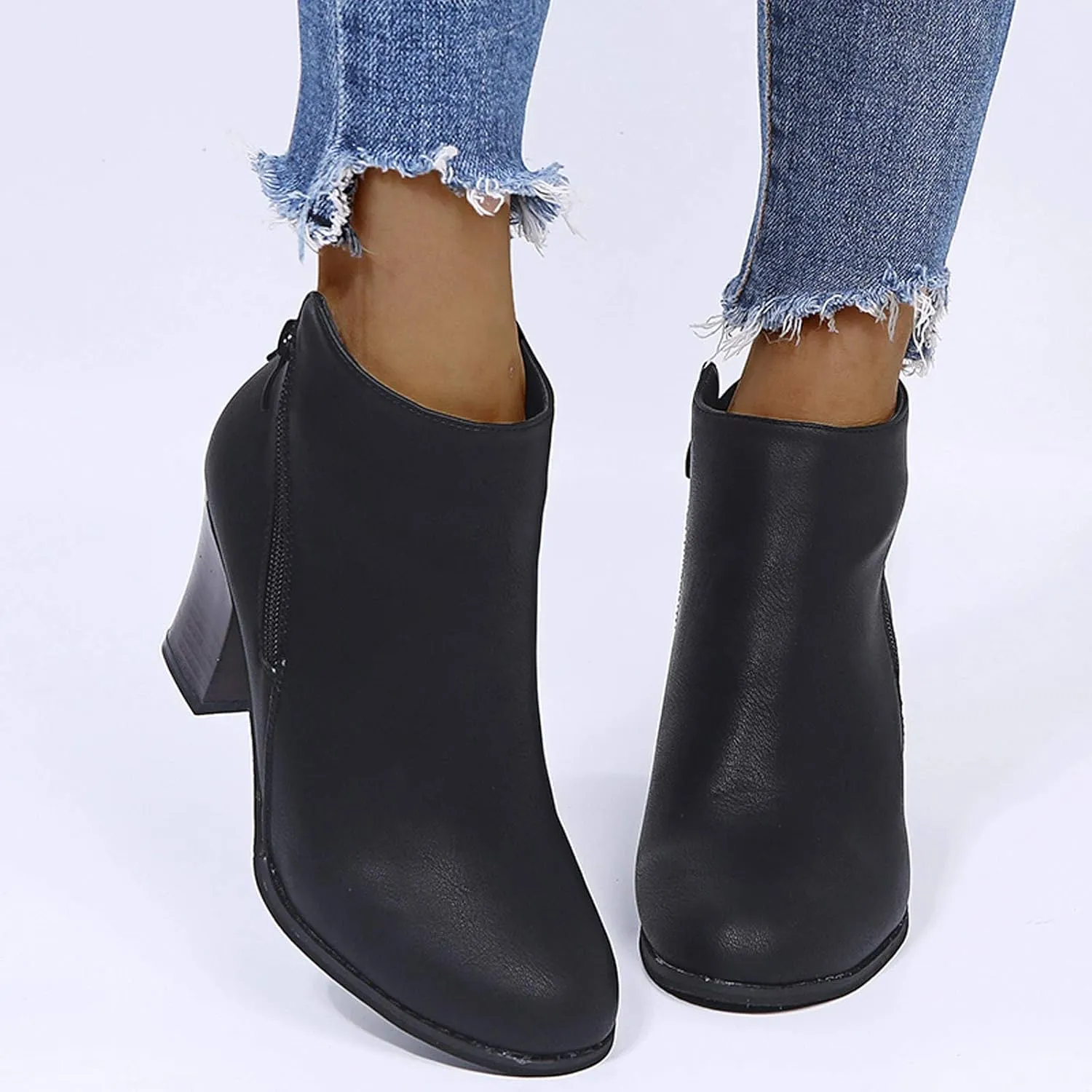 Ankle Boots for Women Comfy Leather Ankle Booties Fashion Stacked Chunky Heel Boots Side Zipper Round Toe Booties