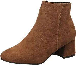 Ankle Boots for Women Comfy Leather Ankle Booties Fashion Stacked Chunky Heel Boots Side Zipper Round Toe Booties