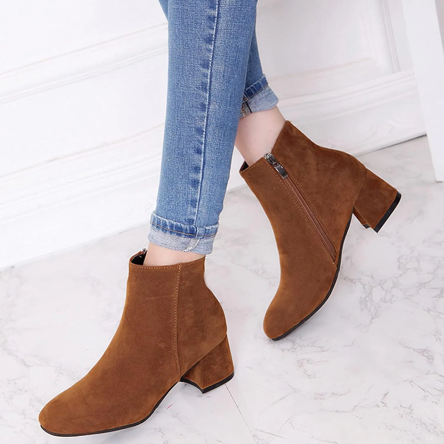 Ankle Boots for Women Comfy Leather Ankle Booties Fashion Stacked Chunky Heel Boots Side Zipper Round Toe Booties