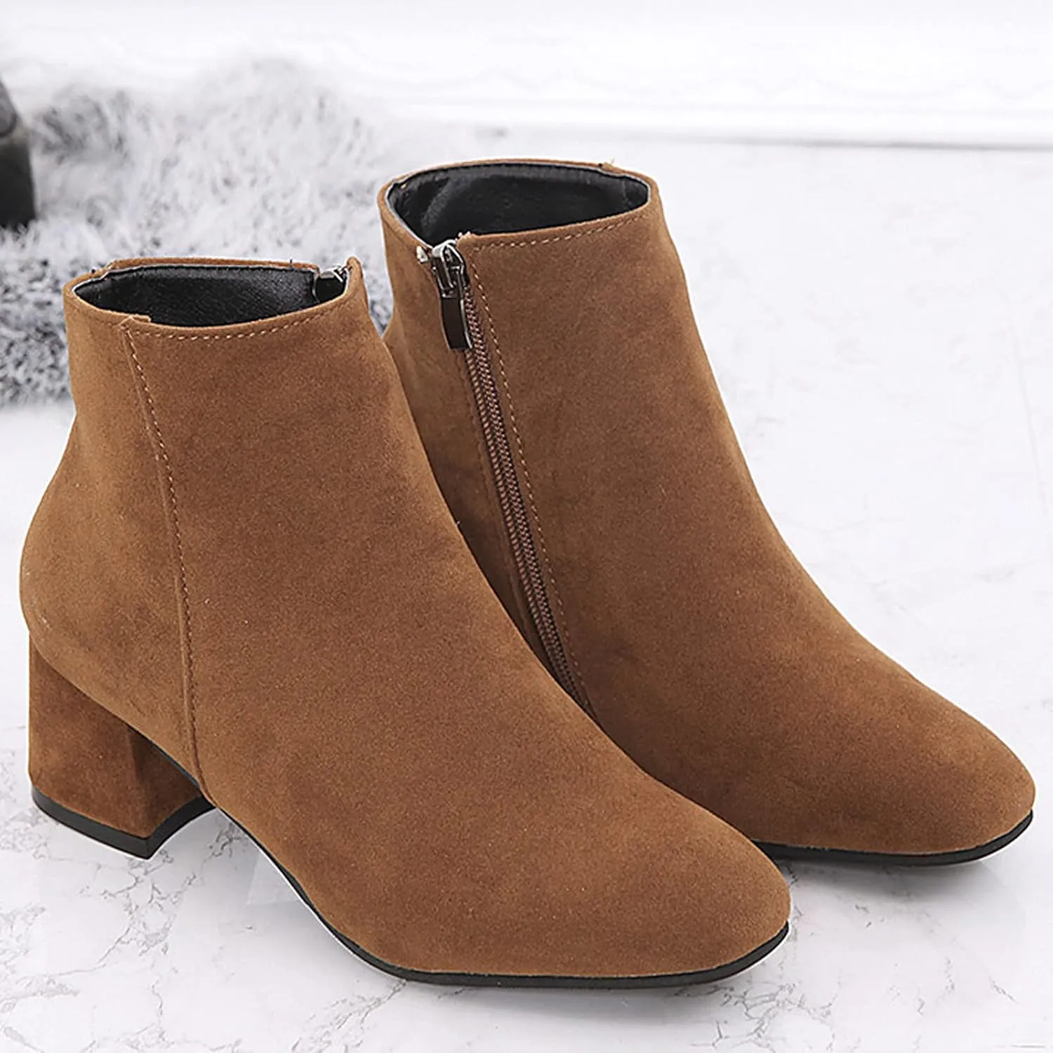 Ankle Boots for Women Comfy Leather Ankle Booties Fashion Stacked Chunky Heel Boots Side Zipper Round Toe Booties