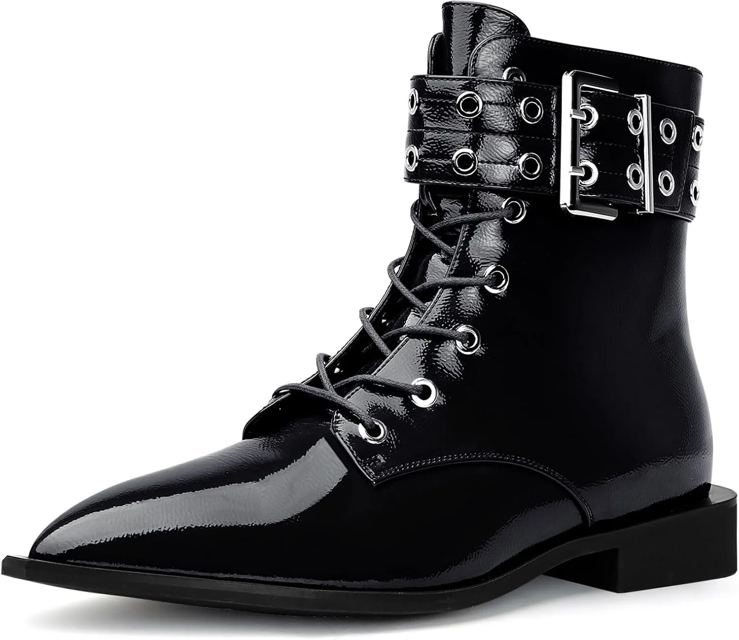Ankle Boots for Women Eyelet Buckle Boots Pointed Toe Chunky Low Heel Boots Fashion Dress Short Boots with Zips