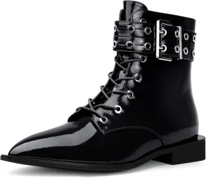 Ankle Boots for Women Eyelet Buckle Boots Pointed Toe Chunky Low Heel Boots Fashion Dress Short Boots with Zips