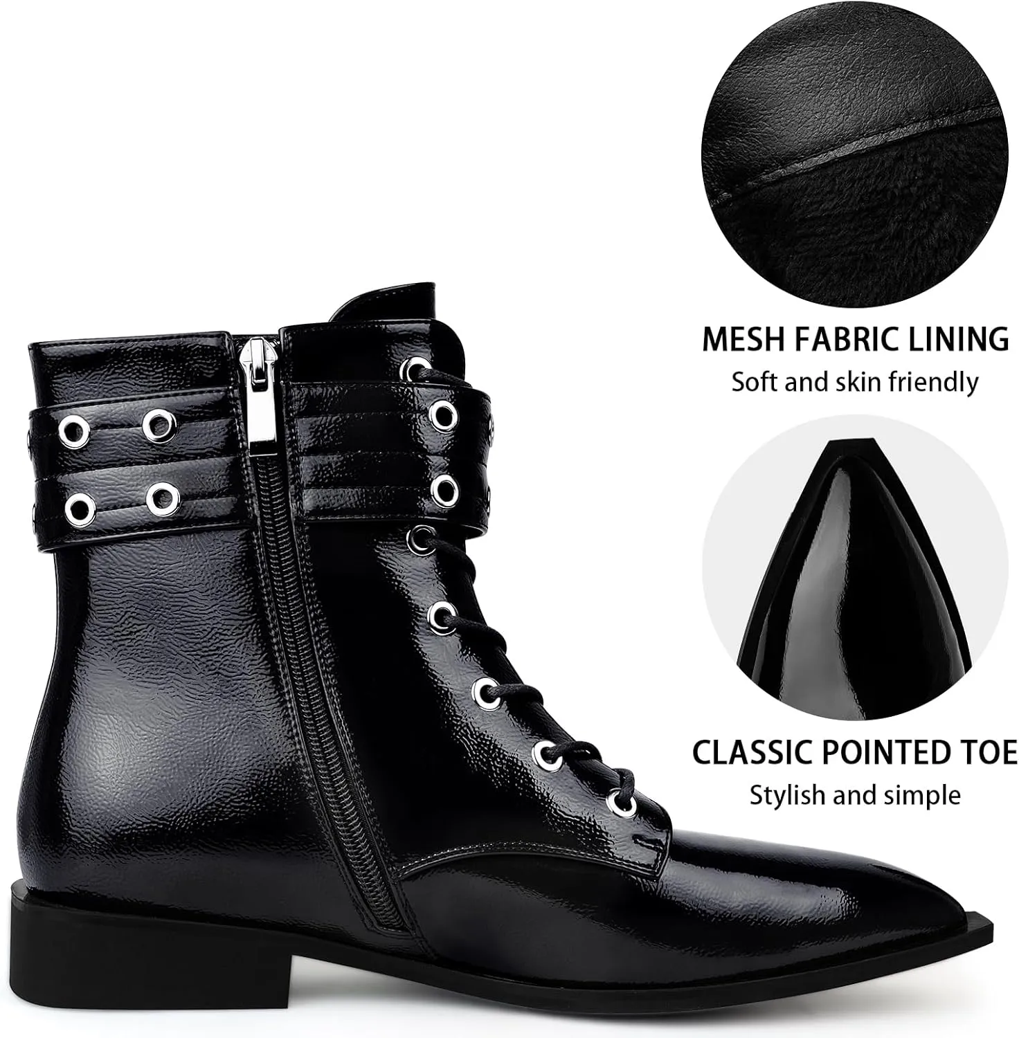 Ankle Boots for Women Eyelet Buckle Boots Pointed Toe Chunky Low Heel Boots Fashion Dress Short Boots with Zips